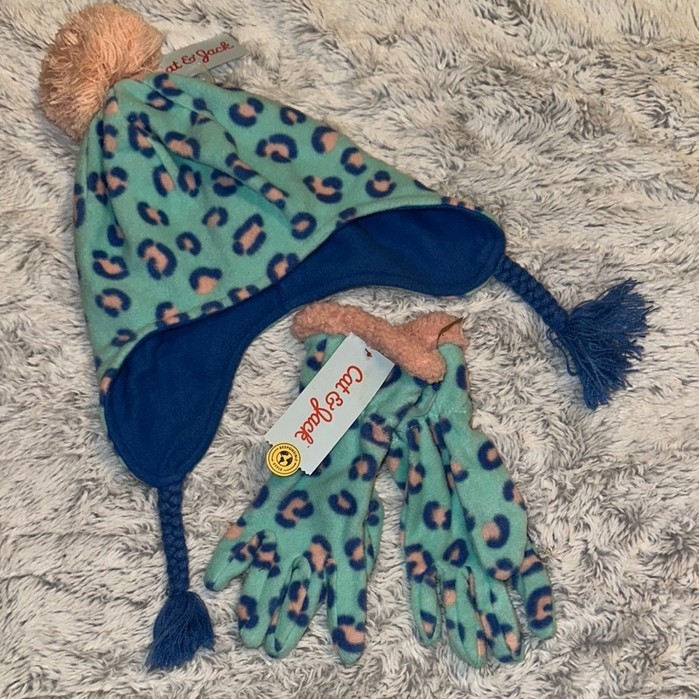 Cat & Jack Girls Leopard Print Fleece Hat and Gloves Set Pink Teal Size 8-16 NWT
